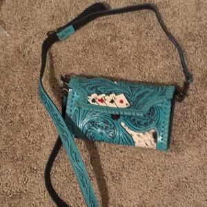 Turquoise Tooled Leather Crossbody Bag with Playing Card Accent